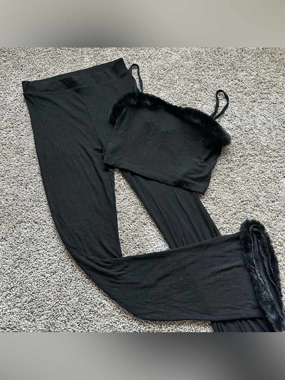 Faux-Fur Trim Black Cami & Lounge Pants Set - Women's Pajama Set